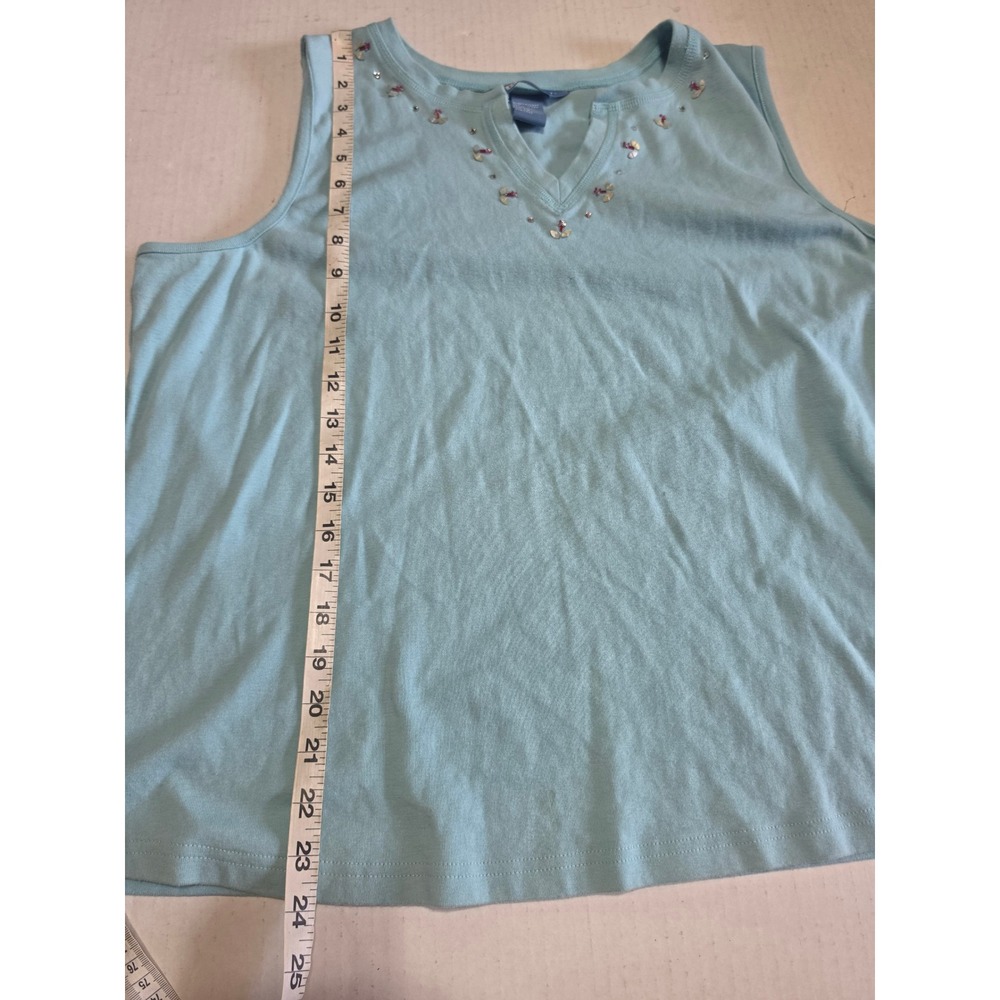 Koret Woman Light Blue Beaded Split V-Neck Cotton Tank Top 1X Sleeveless